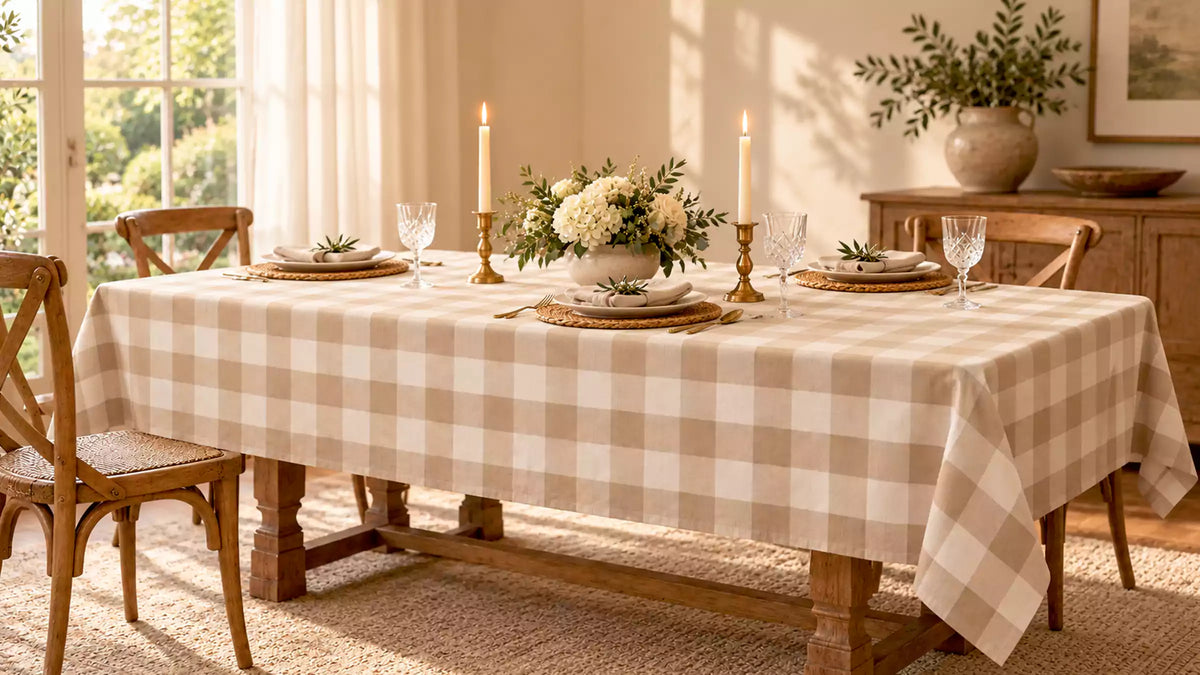 Beige and white checked tablecloth on a dining table set with flowers, candles, and woven placemats.