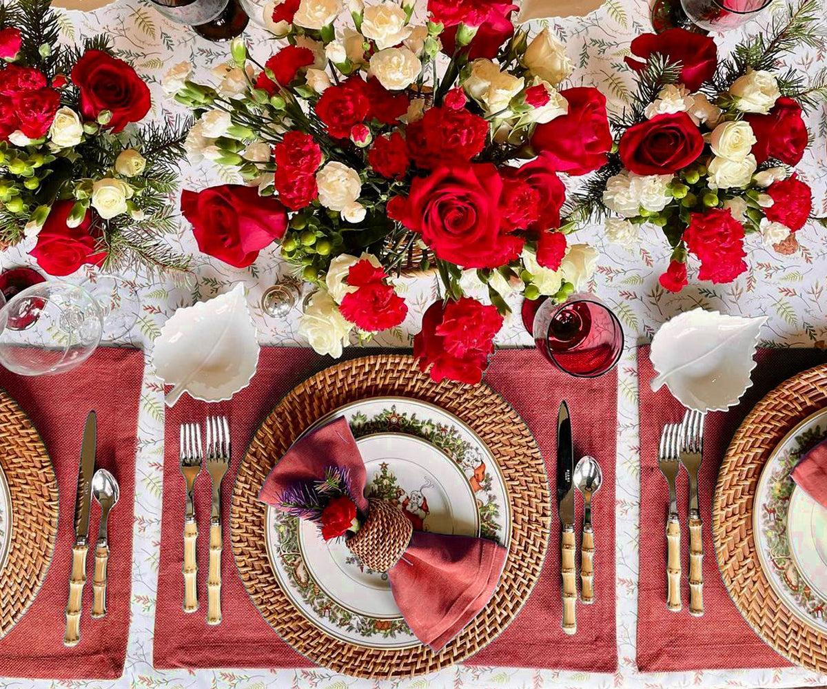 Elevate your dining ambiance with stylish red fabric placemats, providing both protection and sophistication to your table setting Elevate your dining ambiance with stylish red fabric placemats, providing both protection and sophistication to your table setting