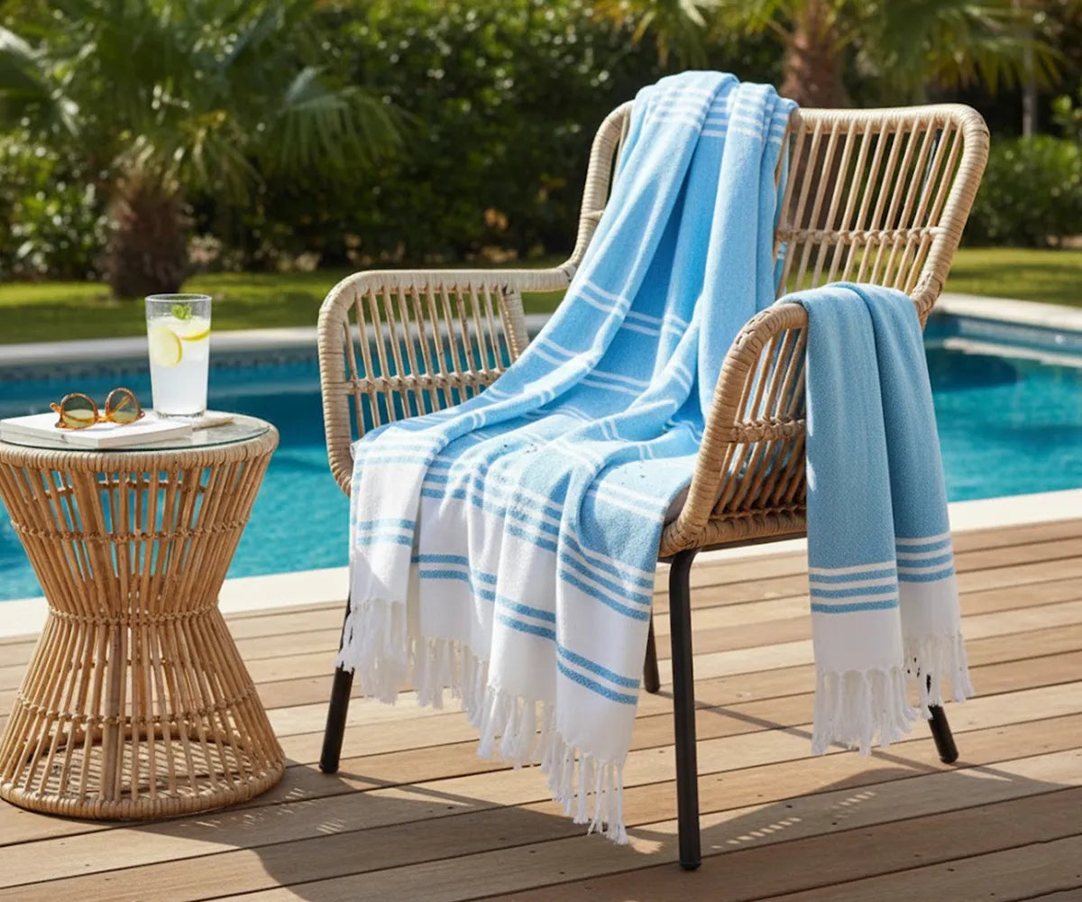 Set of 2 aqua Turkish cotton beach towels with white stripes, soft, absorbent, and quick-drying for bath or beach use. Set of 2 aqua Turkish cotton beach towels with white stripes, soft, absorbent, and quick-drying for bath or beach use.