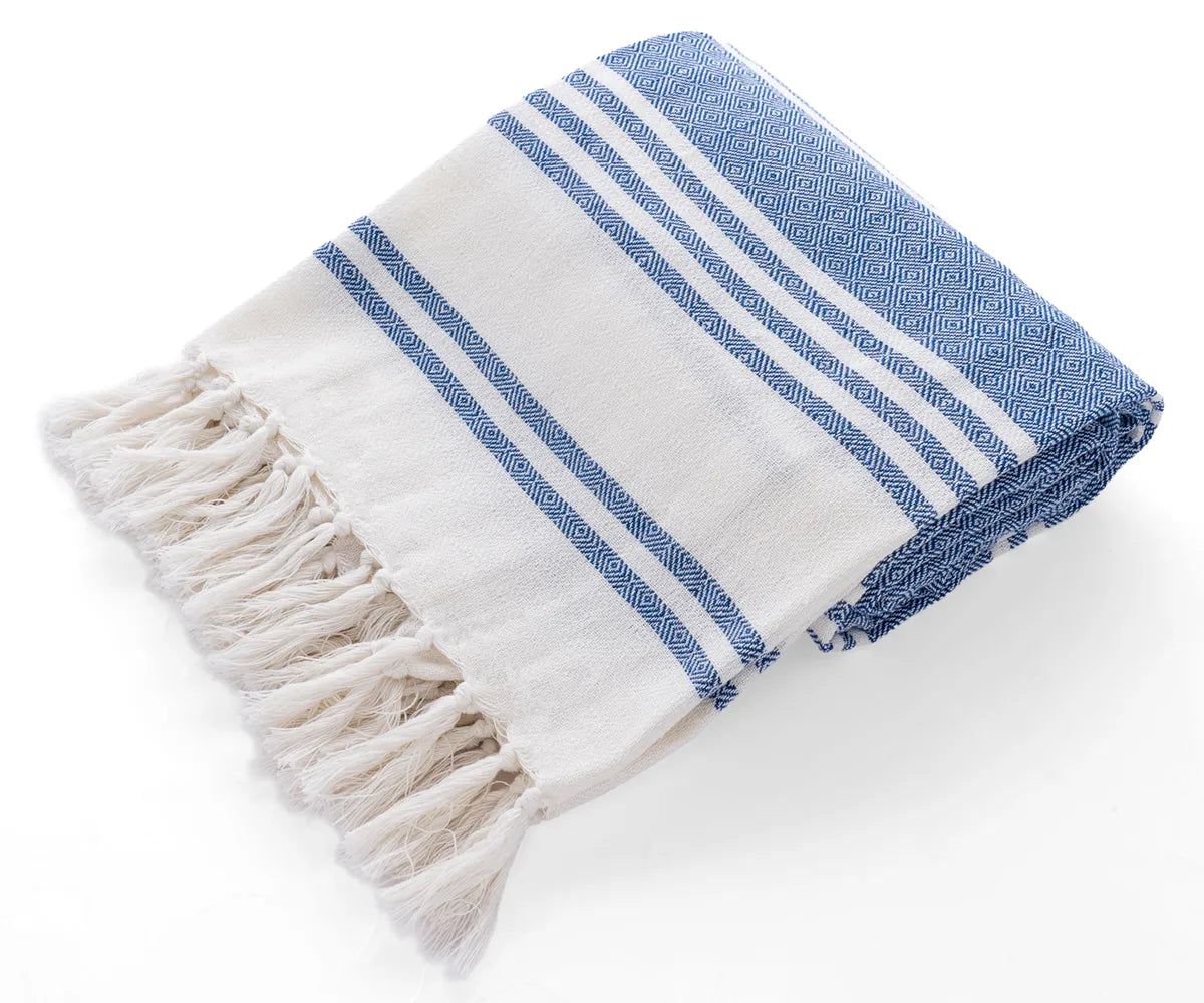 Blue and white striped Turkish cotton towels with hand-knotted tassels – set of 2 Blue and white striped Turkish cotton towels with hand-knotted tassels – set of 2