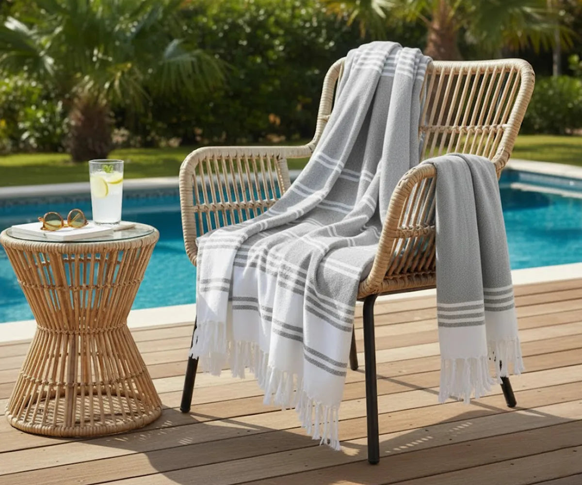 Set of 2 grey Turkish cotton beach towels with white stripes, soft, absorbent, and lightweight for bath or beach use. Set of 2 grey Turkish cotton beach towels with white stripes, soft, absorbent, and lightweight for bath or beach use.