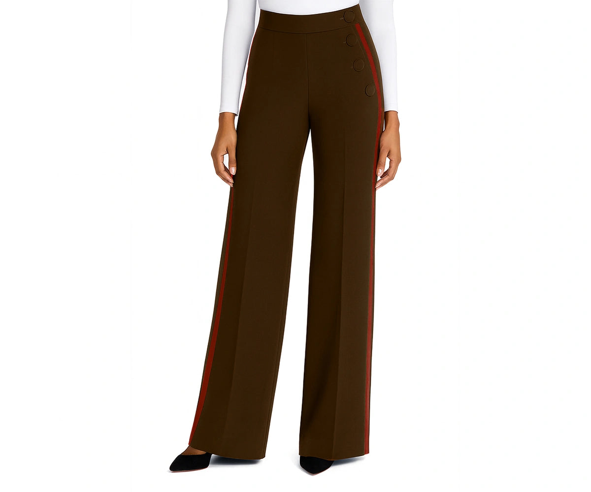 women’s brown baggy cotton pants with contrast side piping, relaxed fit with adjustable ankle drawcords women’s brown baggy cotton pants with contrast side piping, relaxed fit with adjustable ankle drawcords
