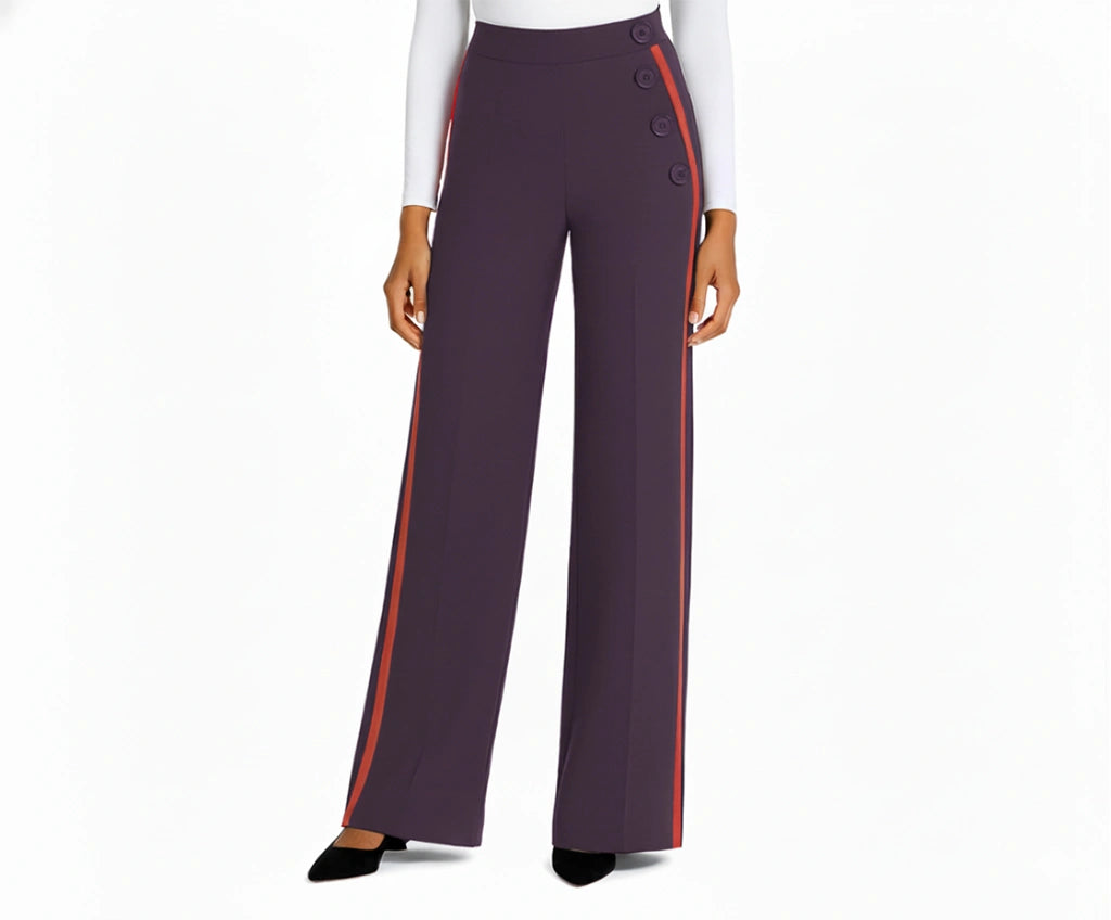 Women’s purple baggy cotton pants with side contrast piping, relaxed fit casual pants with drawcord ankles Women’s purple baggy cotton pants with side contrast piping, relaxed fit casual pants with drawcord ankles