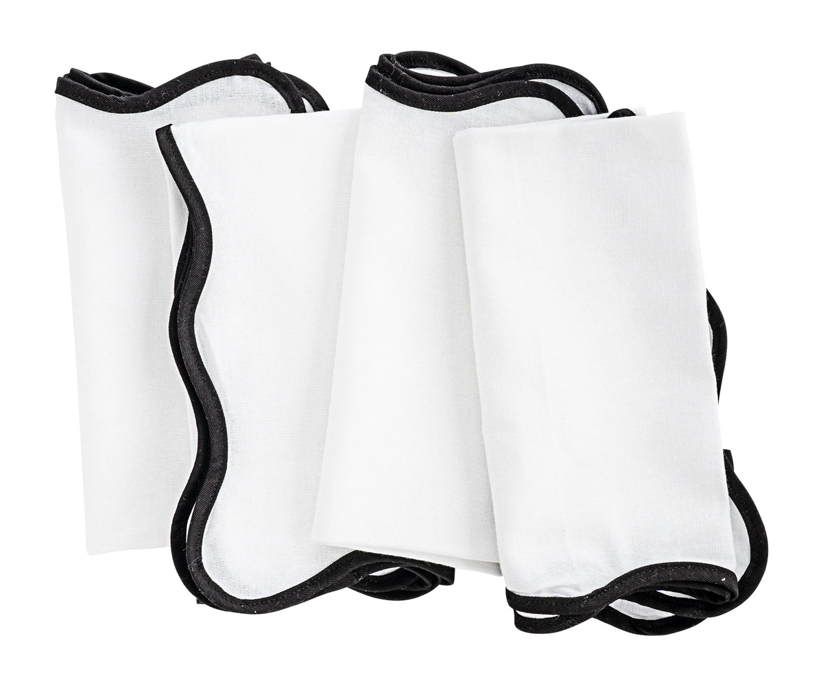 Black scalloped edge cotton napkins, 18-inch, perfect for dining and special occasions. Black scalloped edge cotton napkins, 18-inch, perfect for dining and special occasions.