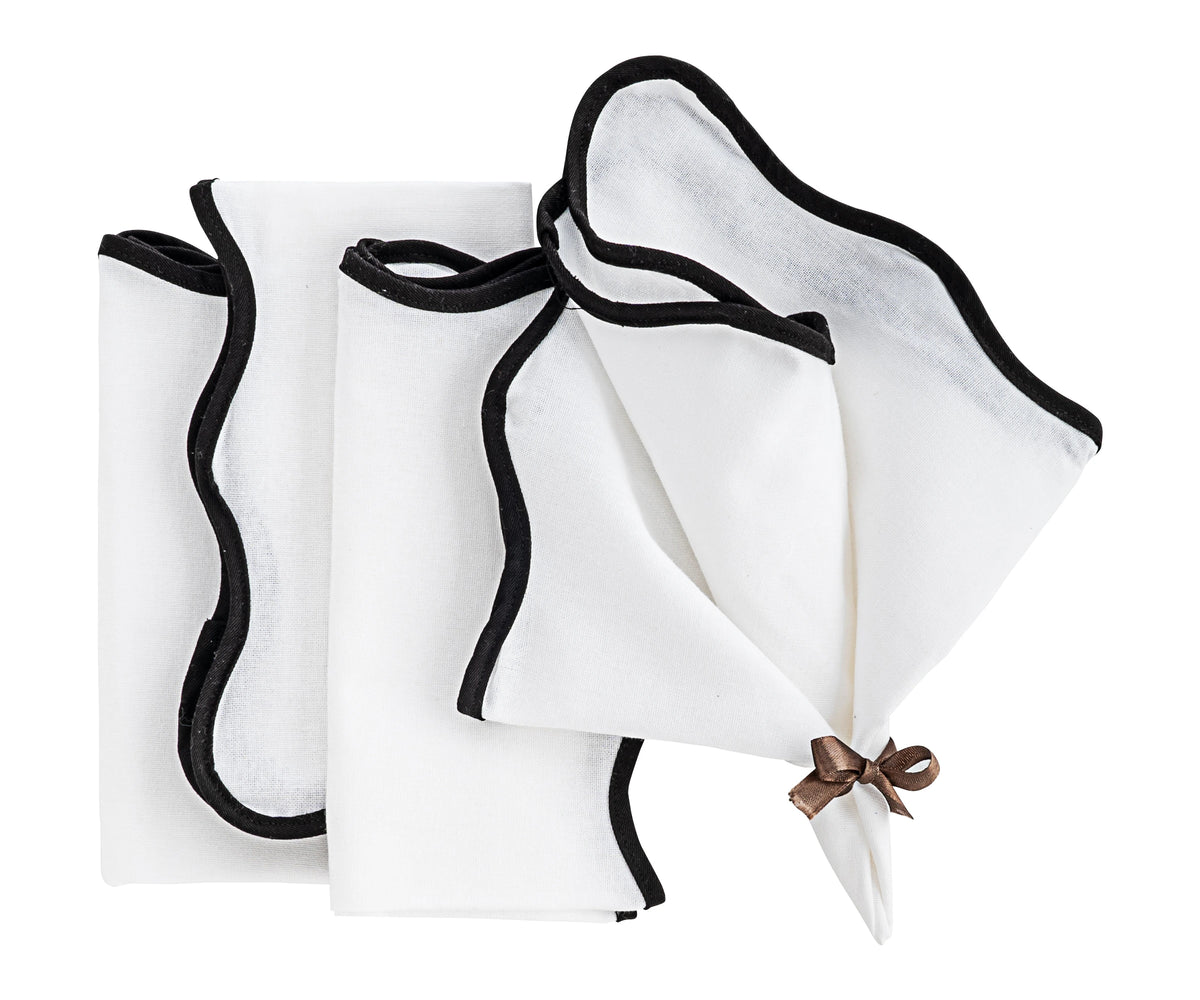 Set of 4 black scallop napkins, 100% cotton, 18-inch, soft and elegant for table setting. Set of 4 black scallop napkins, 100% cotton, 18-inch, soft and elegant for table setting.