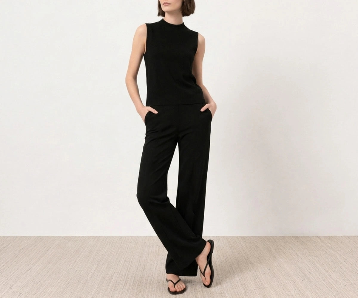 Black sleeveless jumpsuit for women with wide-leg pants and color swatches Black sleeveless jumpsuit for women with wide-leg pants and color swatches