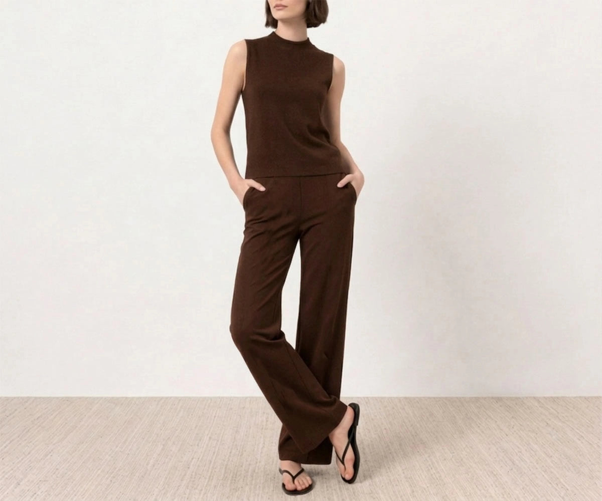 brown sleeveless jumpsuit for women with wide-leg pants and color swatches brown sleeveless jumpsuit for women with wide-leg pants and color swatches