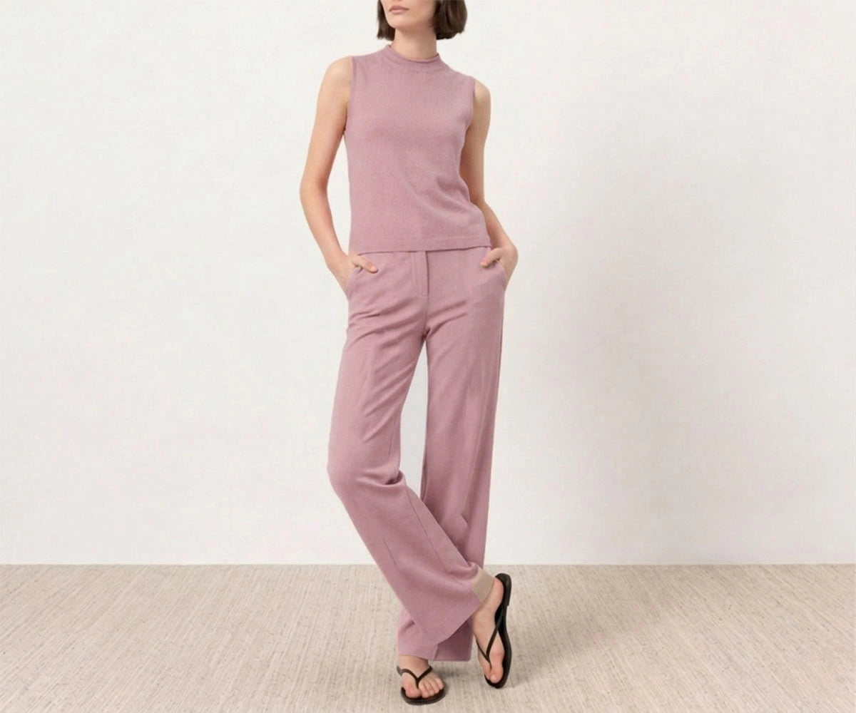 Cinder Rose sleeveless jumpsuit for women with wide-leg pants and color swatches Cinder Rose sleeveless jumpsuit for women with wide-leg pants and color swatches