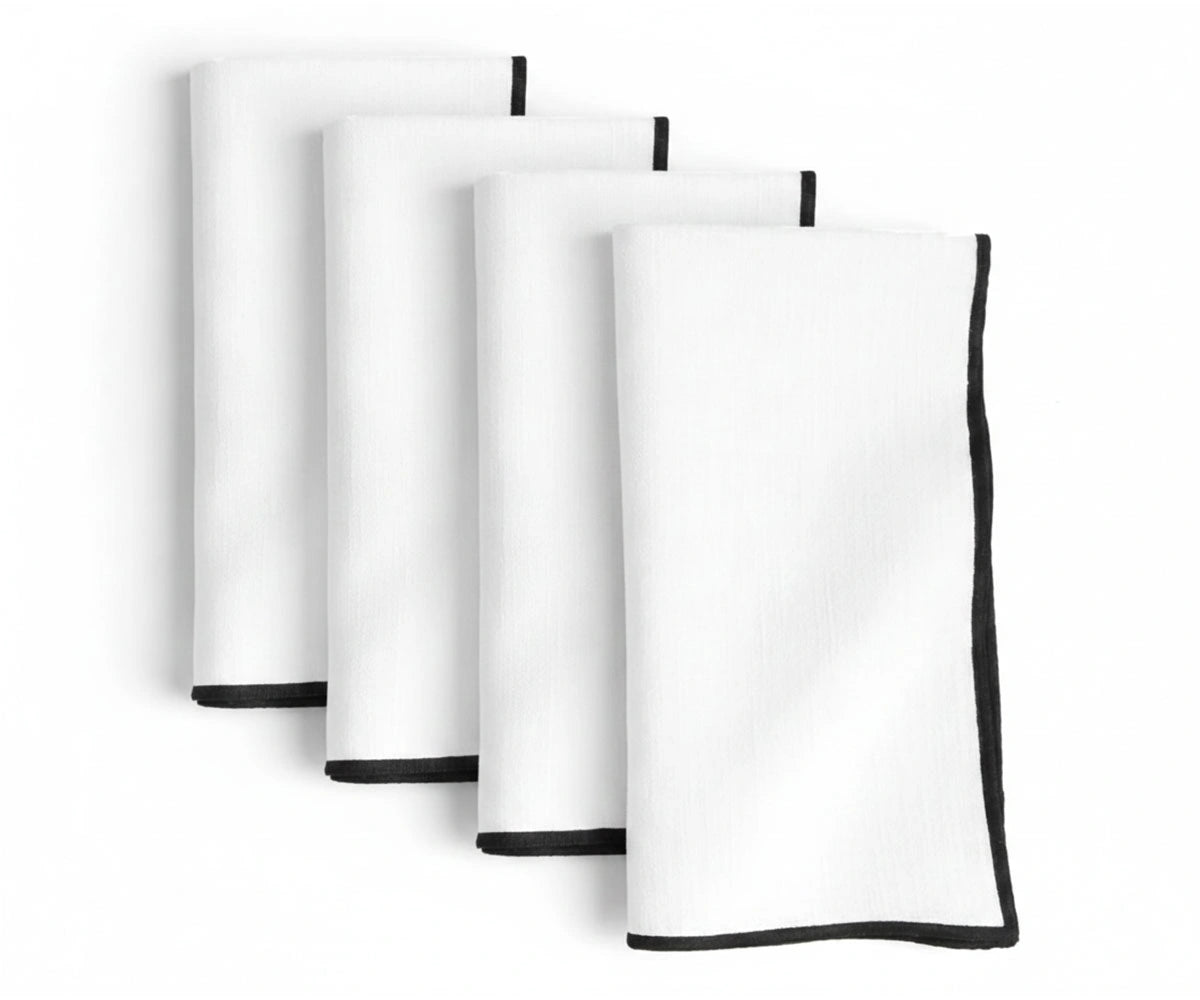 white cotton merrow stitch napkins with black embroidered border, Set of 4, cloth dinner napkins for everyday dining white cotton merrow stitch napkins with black embroidered border, Set of 4, cloth dinner napkins for everyday dining