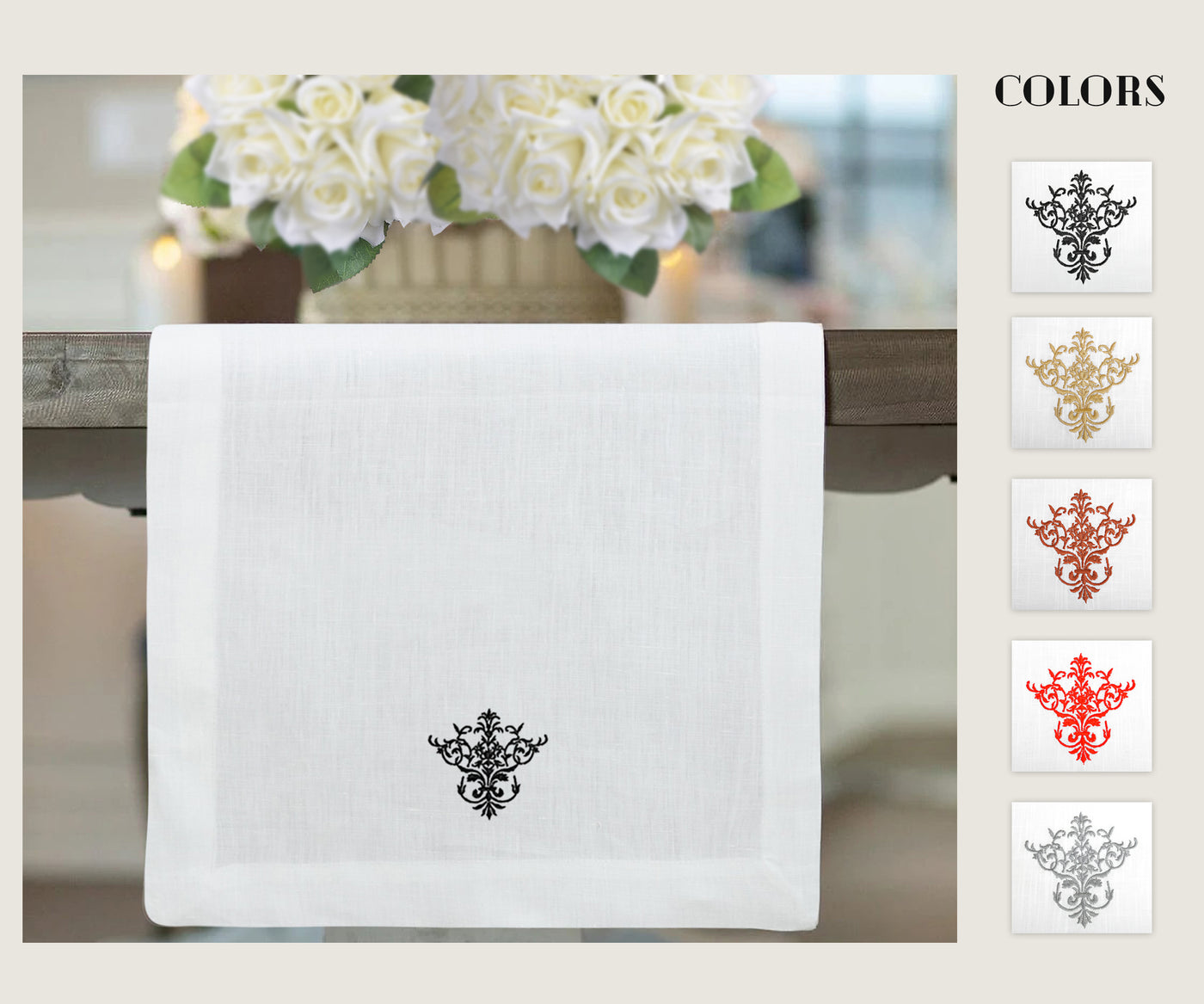 White table runner with an elegant black damask design, available in multiple colors for versatile decor. White table runner with an elegant black damask design, available in multiple colors for versatile decor.