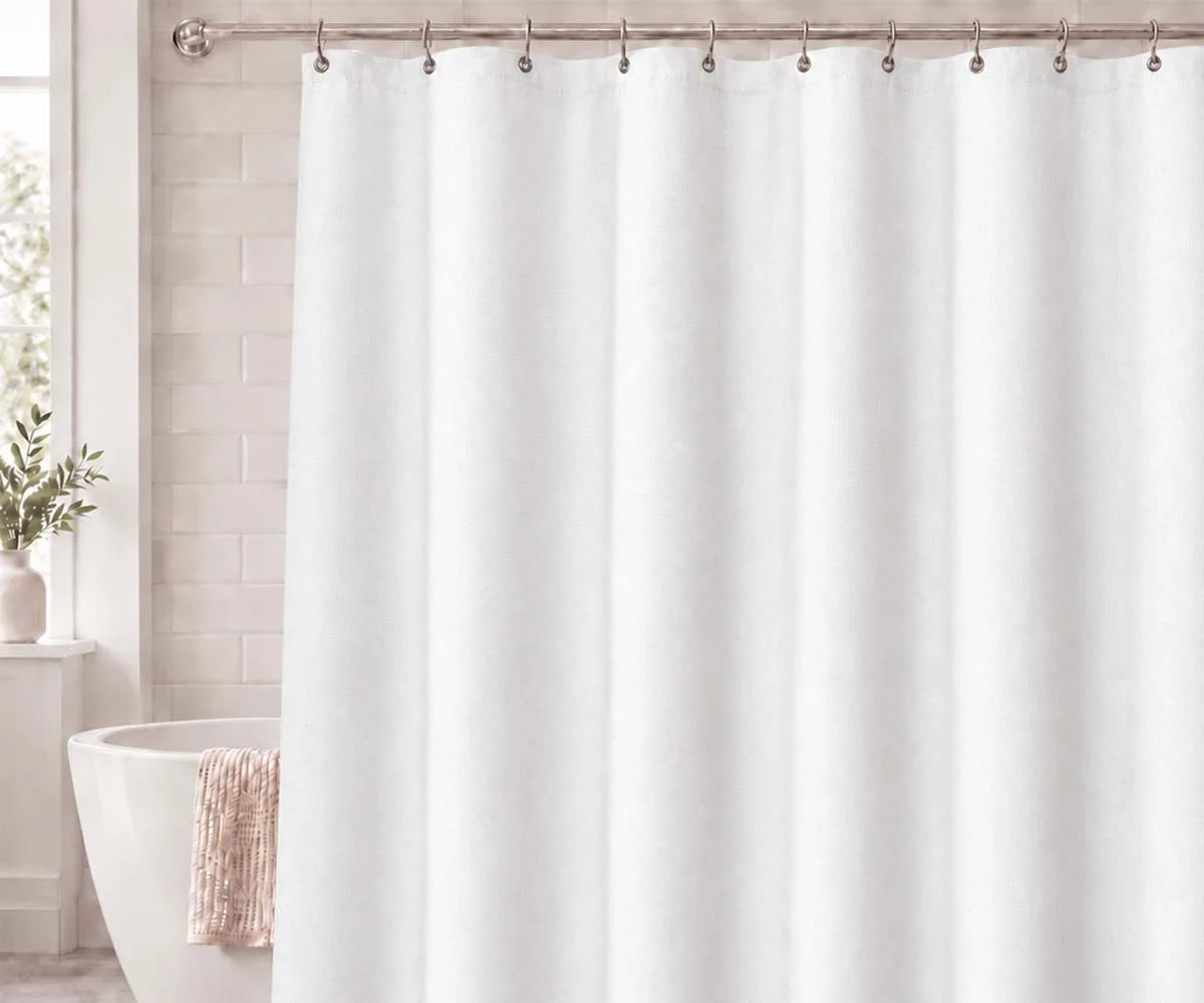 White 100% cotton fabric shower curtain for a clean minimalist bathroom, ideal for modern shower and bathtub spaces White 100% cotton fabric shower curtain for a clean minimalist bathroom, ideal for modern shower and bathtub spaces