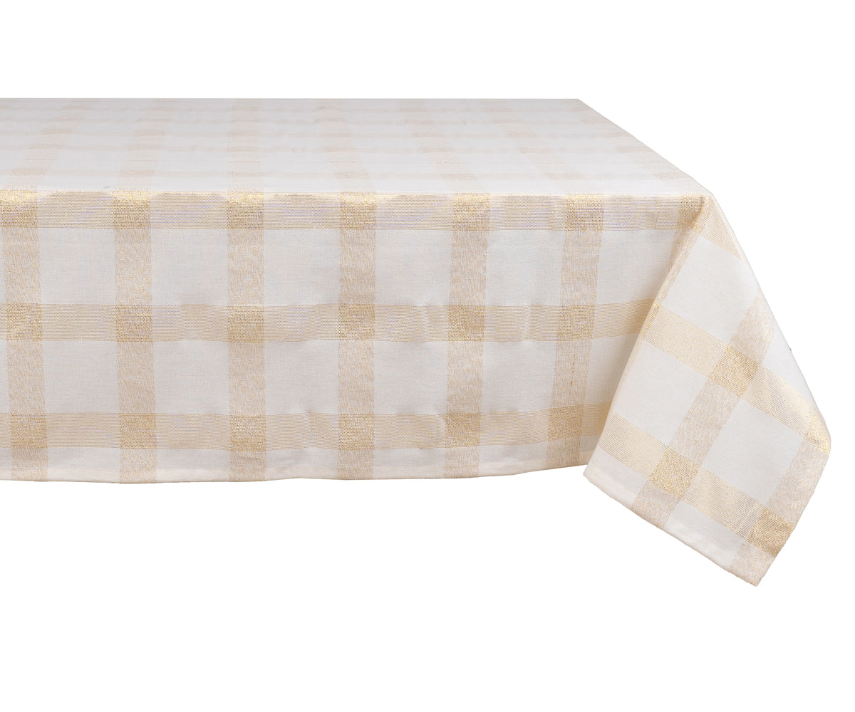 Soft cotton plaid tablecloth in beige, white, and light yellow for holiday dinners Soft cotton plaid tablecloth in beige, white, and light yellow for holiday dinners