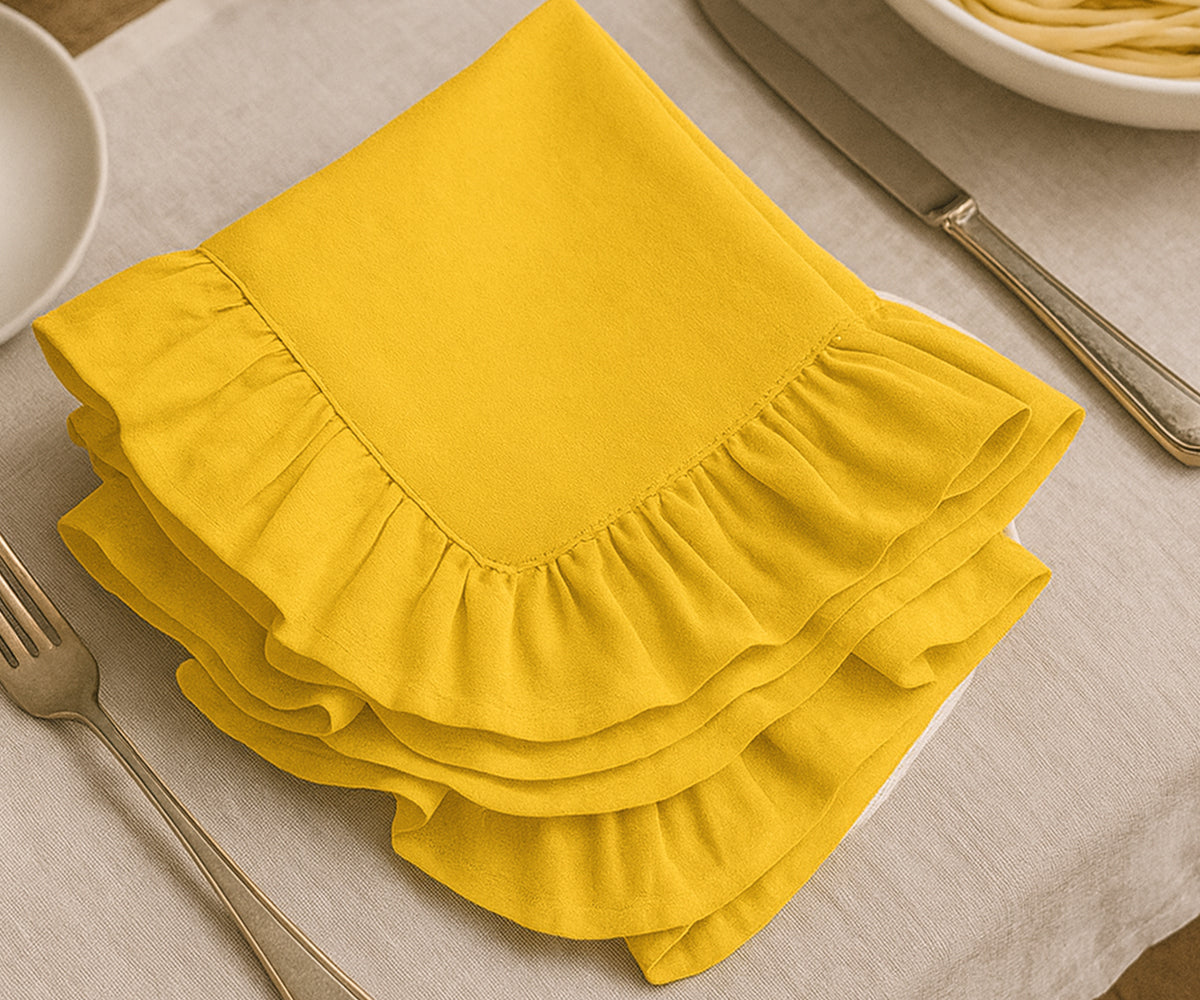 Set of 100% cotton yellow ruffled napkins, eco-friendly and washable fabric dinner napkins available in bulk or small sets, perfect for rustic farmhouse, modern, or festive table settings. Set of 100% cotton yellow ruffled napkins, eco-friendly and washable fabric dinner napkins available in bulk or small sets, perfect for rustic farmhouse, modern, or festive table settings.