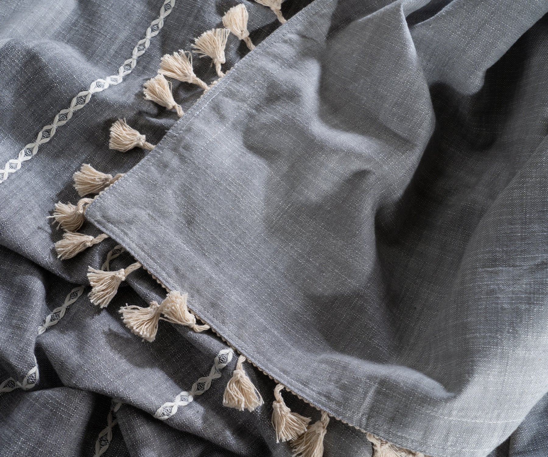 Gray tablecloth with bold stripes and tassel edges, great for contemporary table decor. Gray tablecloth with bold stripes and tassel edges, great for contemporary table decor.