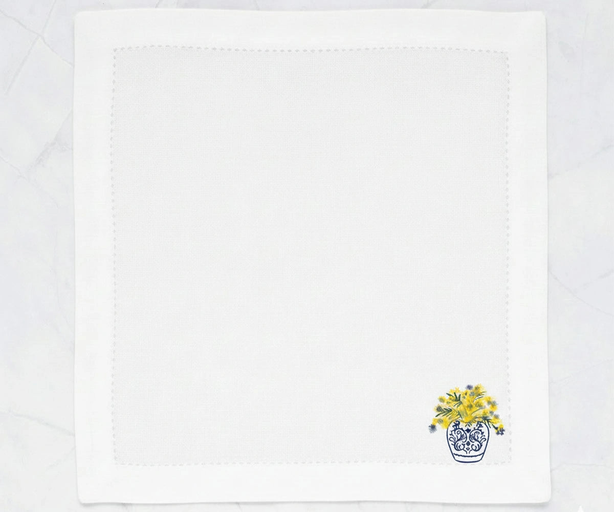minimalist white cloth napkin with corner floral pot illustration, soft washable cotton napkin minimalist white cloth napkin with corner floral pot illustration, soft washable cotton napkin