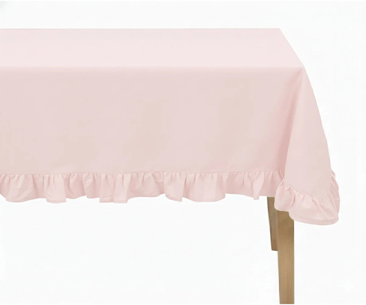 Blush pink round cotton tablecloth with ruffle trim Blush pink round cotton tablecloth with ruffle trim
