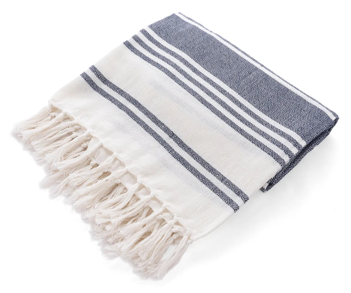 Navy and white striped Turkish cotton towels with tassel edges – set of 2 Navy and white striped Turkish cotton towels with tassel edges – set of 2