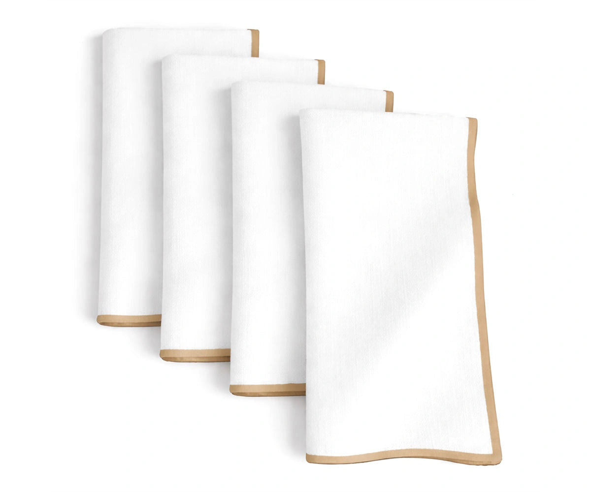 White cotton napkins with beige merrow stitch trim, neutral embroidered napkins for farmhouse and minimalist décor White cotton napkins with beige merrow stitch trim, neutral embroidered napkins for farmhouse and minimalist décor