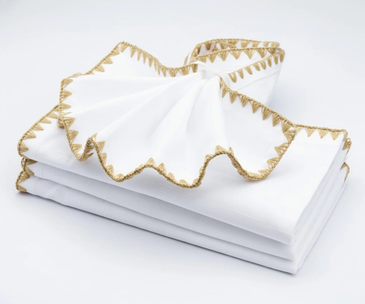 White cotton embroidered napkins with beige triangle stitching – neutral reusable cloth napkins for rustic décor. White cotton embroidered napkins with beige triangle stitching – neutral reusable cloth napkins for rustic décor.