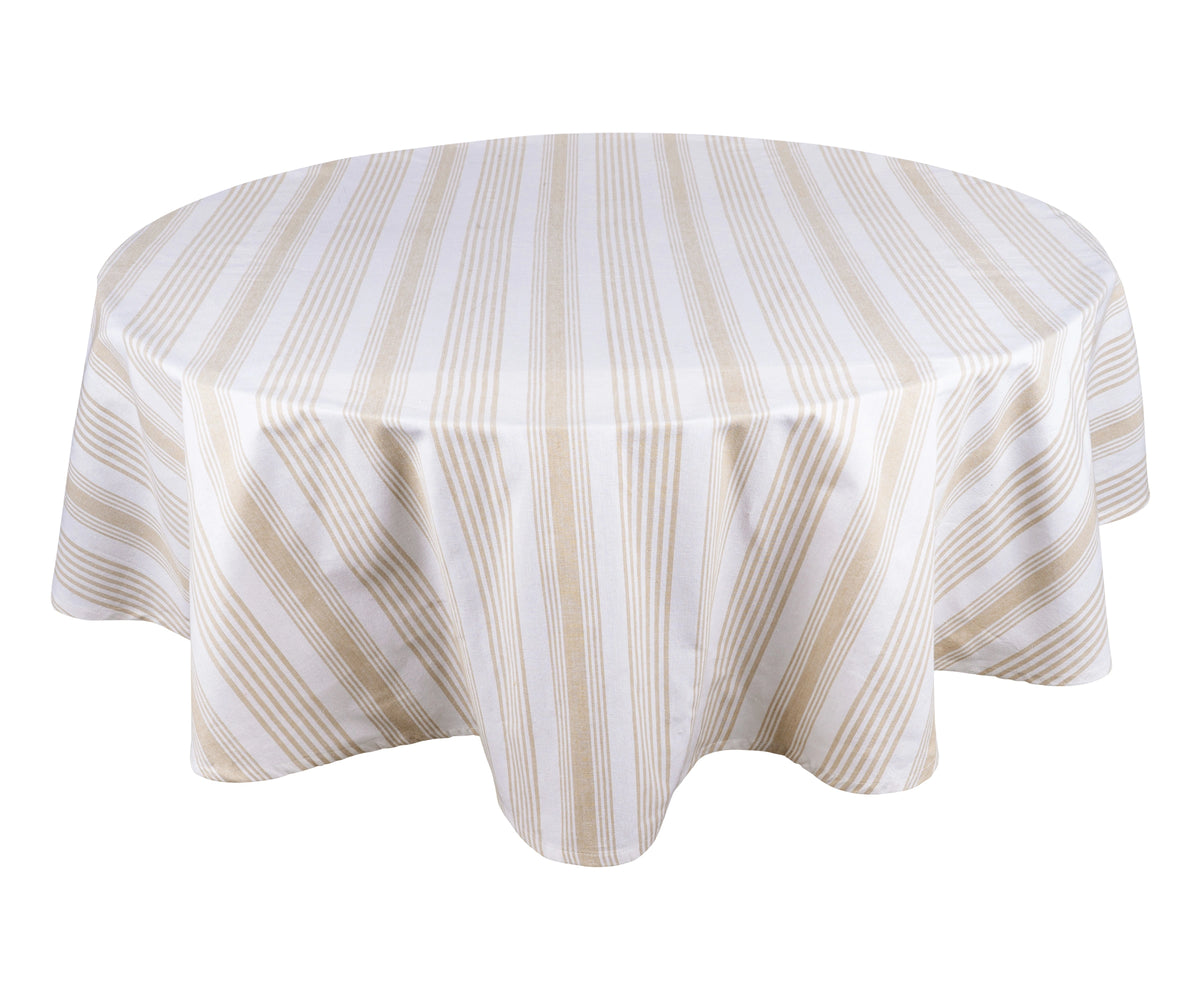 Round beige and white striped cotton tablecloth for farmhouse and modern dining tables Round beige and white striped cotton tablecloth for farmhouse and modern dining tables