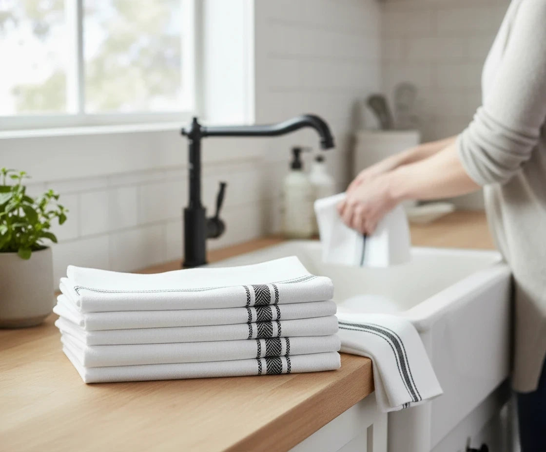 Black striped kitchen hand towel made from soft, absorbent cotton Black striped kitchen hand towel made from soft, absorbent cotton