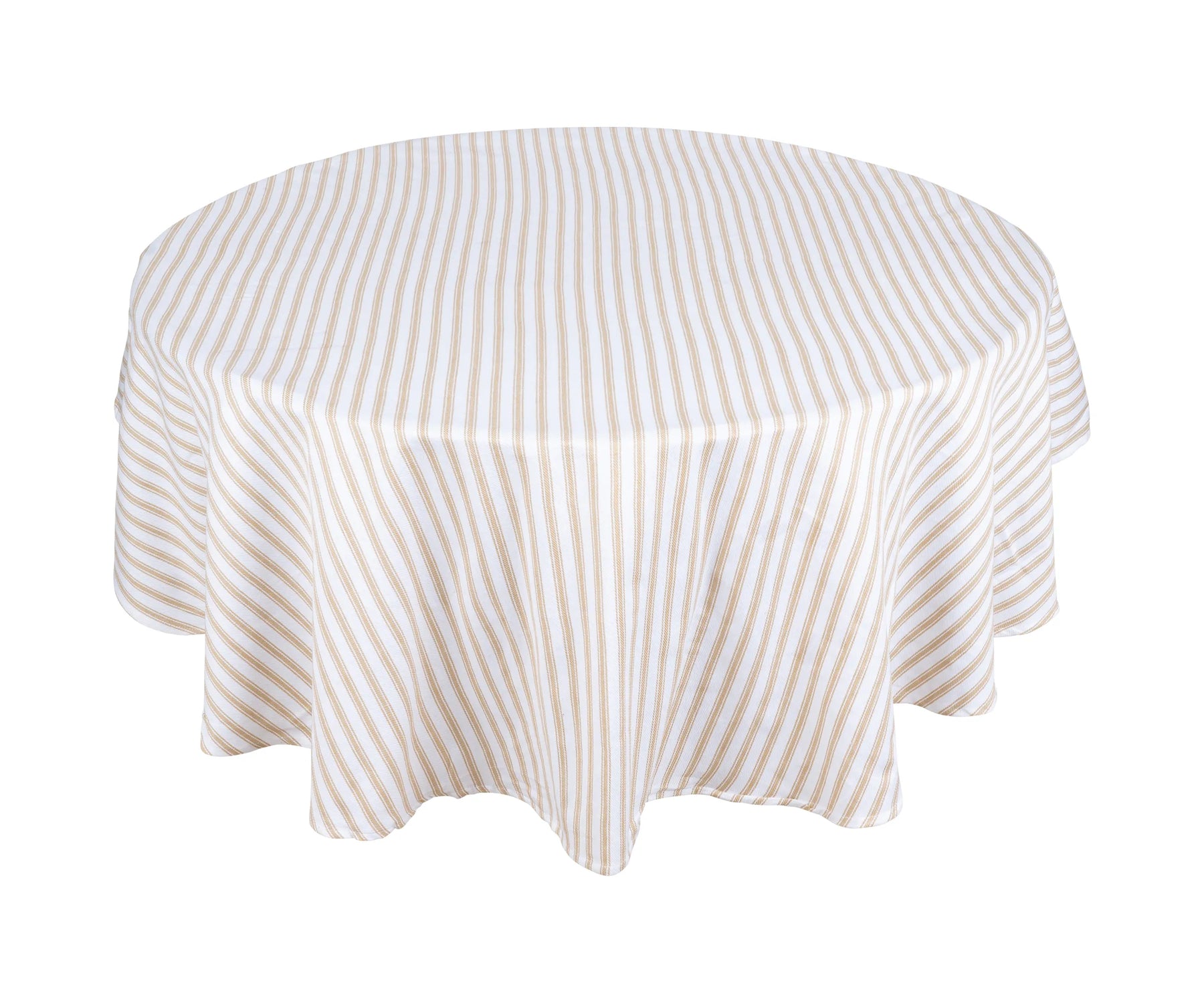 Round table styled with beige striped tablecloth and hemstitched napkins Round table styled with beige striped tablecloth and hemstitched napkins