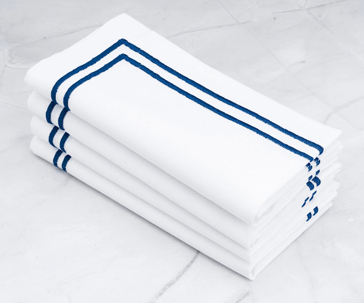 Blue double line embroidery cotton dinner napkins, reusable embroidered cloth napkins for elegant table settings Blue double line embroidery cotton dinner napkins, reusable embroidered cloth napkins for elegant table settings