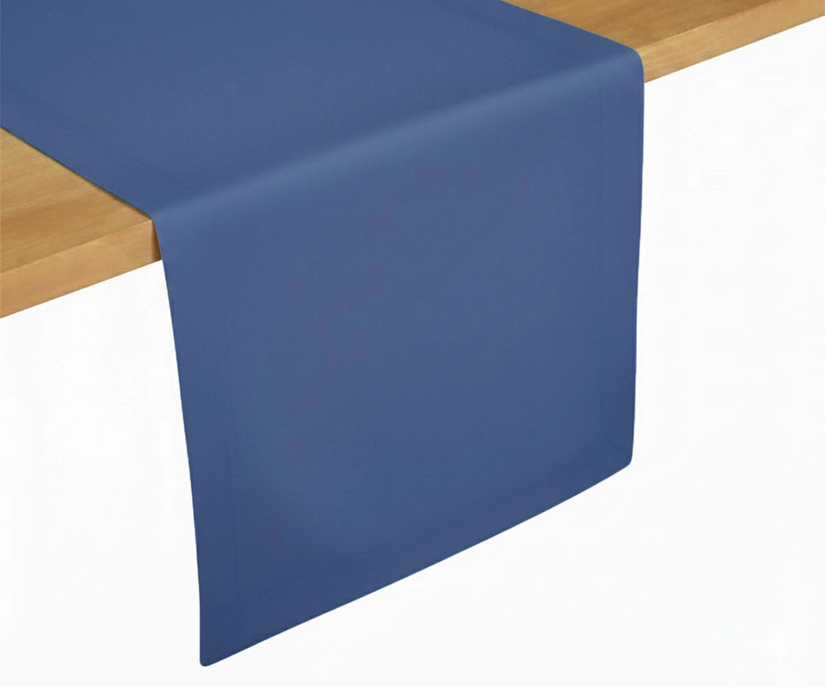 Deep blue solid cotton table runner displayed flat, smooth cotton fabric for dining décor Deep blue solid cotton table runner displayed flat, smooth cotton fabric for dining décor