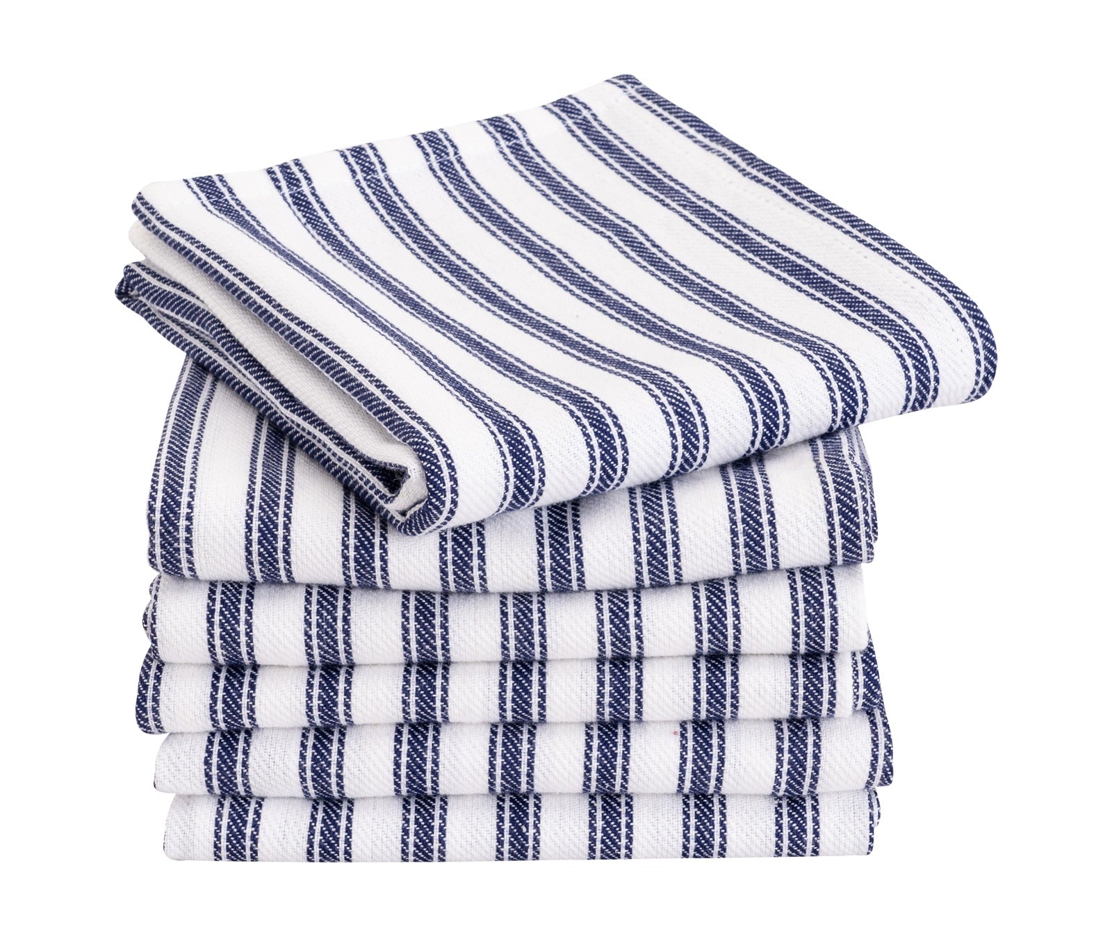 Blue and white striped cotton kitchen towels folded neatly on a counter Blue and white striped cotton kitchen towels folded neatly on a counter