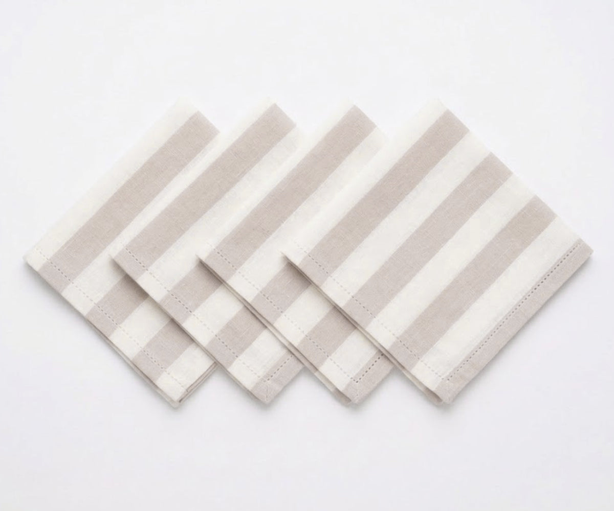 Cabana stripe cotton linen napkins with hemstitch detail for dining table Cabana stripe cotton linen napkins with hemstitch detail for dining table