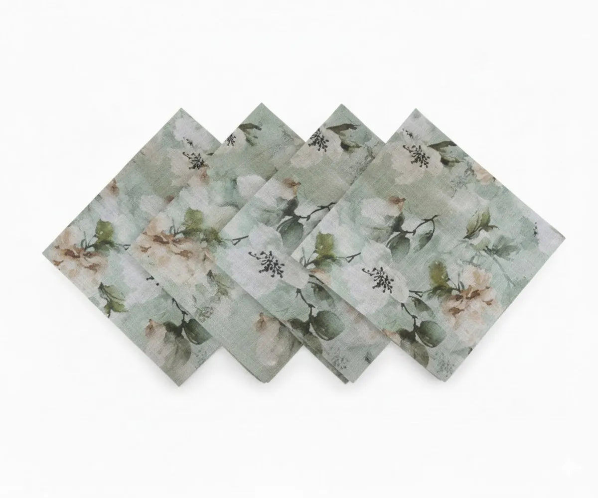 Printed linen dinner napkins with block print design styled on a rustic dining table setting Printed linen dinner napkins with block print design styled on a rustic dining table setting