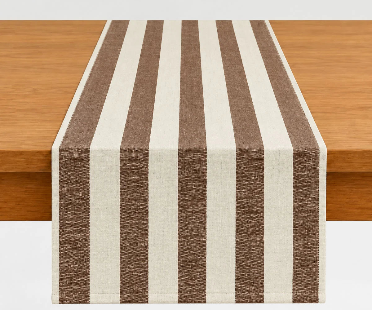 Coffee brown cabana striped table runner, classic cabana stripe table linen for farmhouse and modern dining table décor. Coffee brown cabana striped table runner, classic cabana stripe table linen for farmhouse and modern dining table décor.