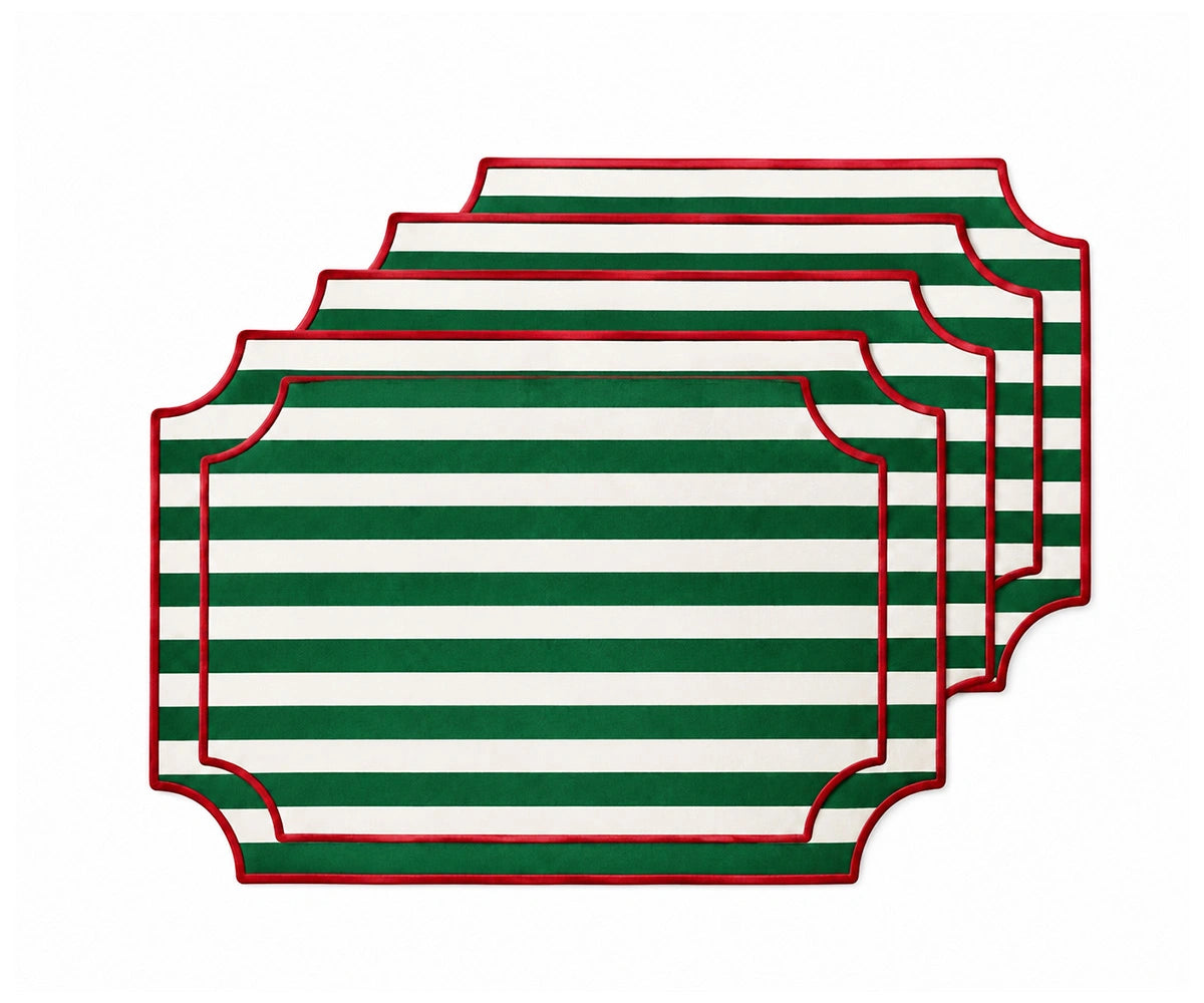 Christmas green and white striped cotton placemat with red piping, holiday striped placemat for dining table and Christmas table setting Christmas green and white striped cotton placemat with red piping, holiday striped placemat for dining table and Christmas table setting