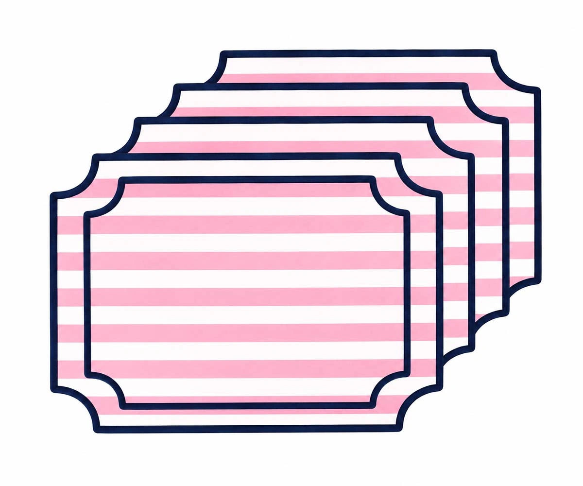Pink and white striped cotton placemats with navy blue piping, washable placemats for dining table and kitchen decor. Pink and white striped cotton placemats with navy blue piping, washable placemats for dining table and kitchen decor.