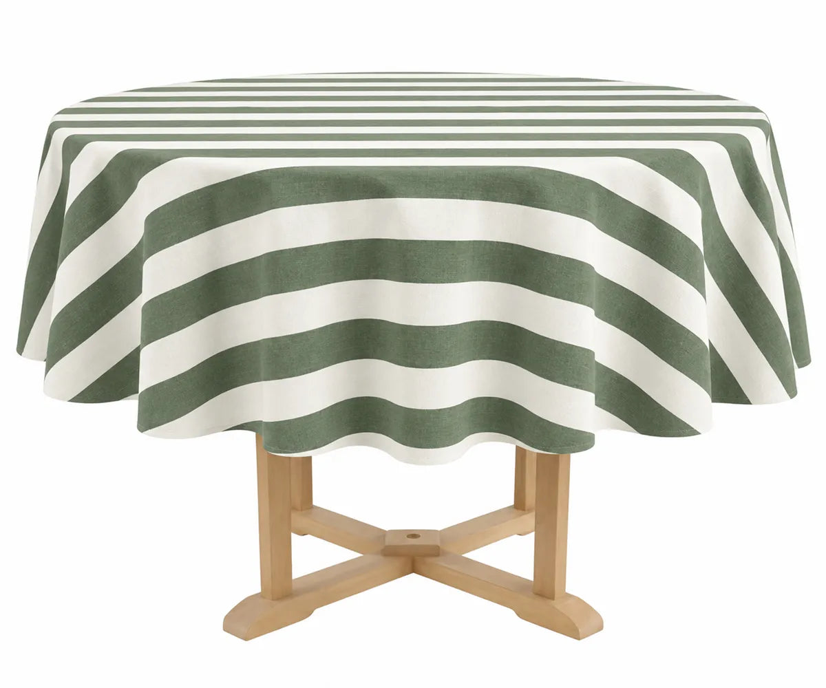Forest green striped cotton linen round tablecloth with a classic pattern, ideal for dining table decor, everyday meals, and special gatherings. Forest green striped cotton linen round tablecloth with a classic pattern, ideal for dining table decor, everyday meals, and special gatherings.