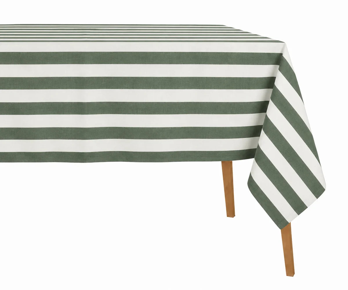 Forest green cabana stripe tablecloth for farmhouse décor, wedding receptions, and everyday dining. Forest green cabana stripe tablecloth for farmhouse décor, wedding receptions, and everyday dining.