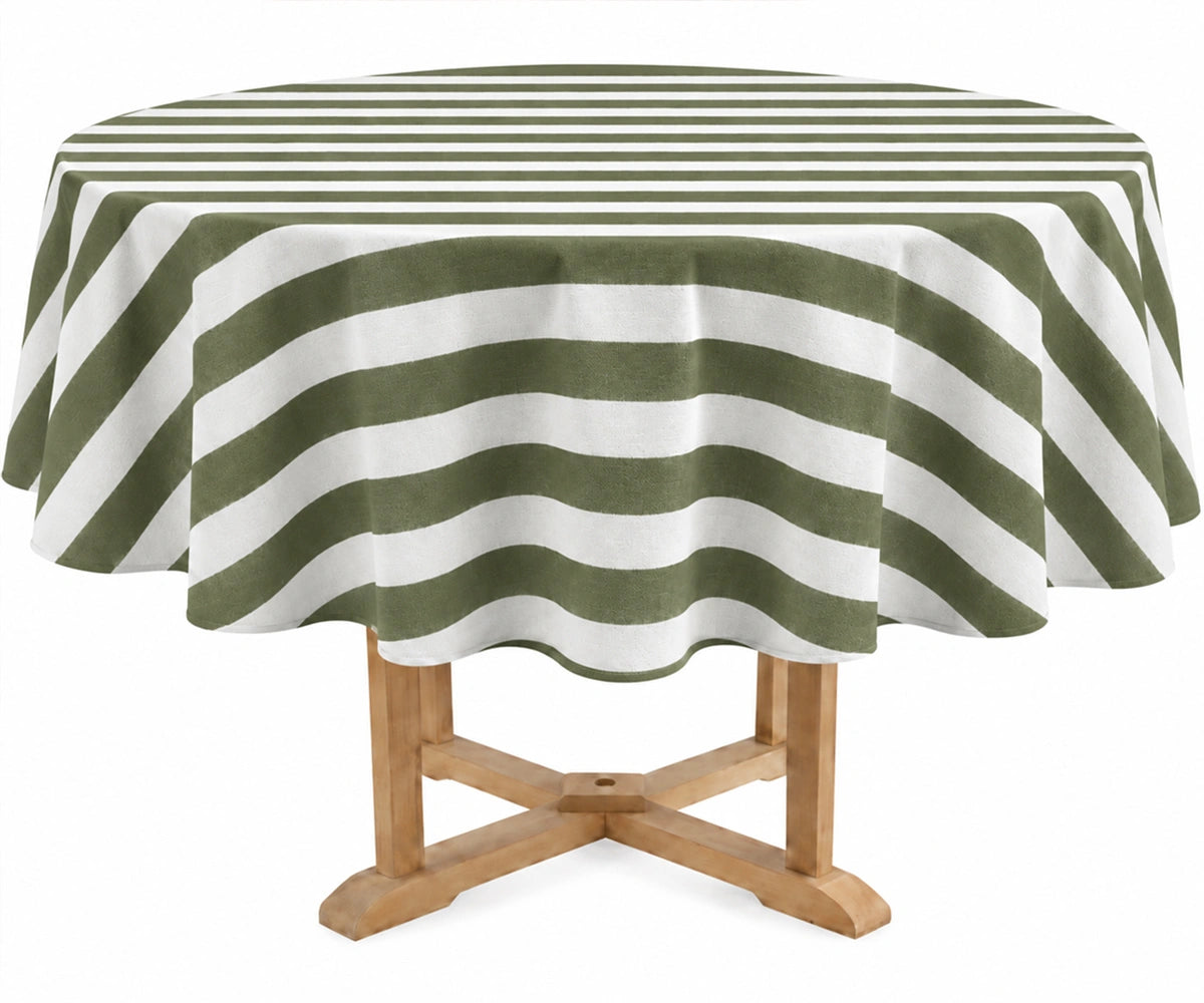 A round table covered with a olive and off-white striped tablecloth, shown on a light wood pedestal table against a plain white background. A round table covered with a olive and off-white striped tablecloth, shown on a light wood pedestal table against a plain white background.