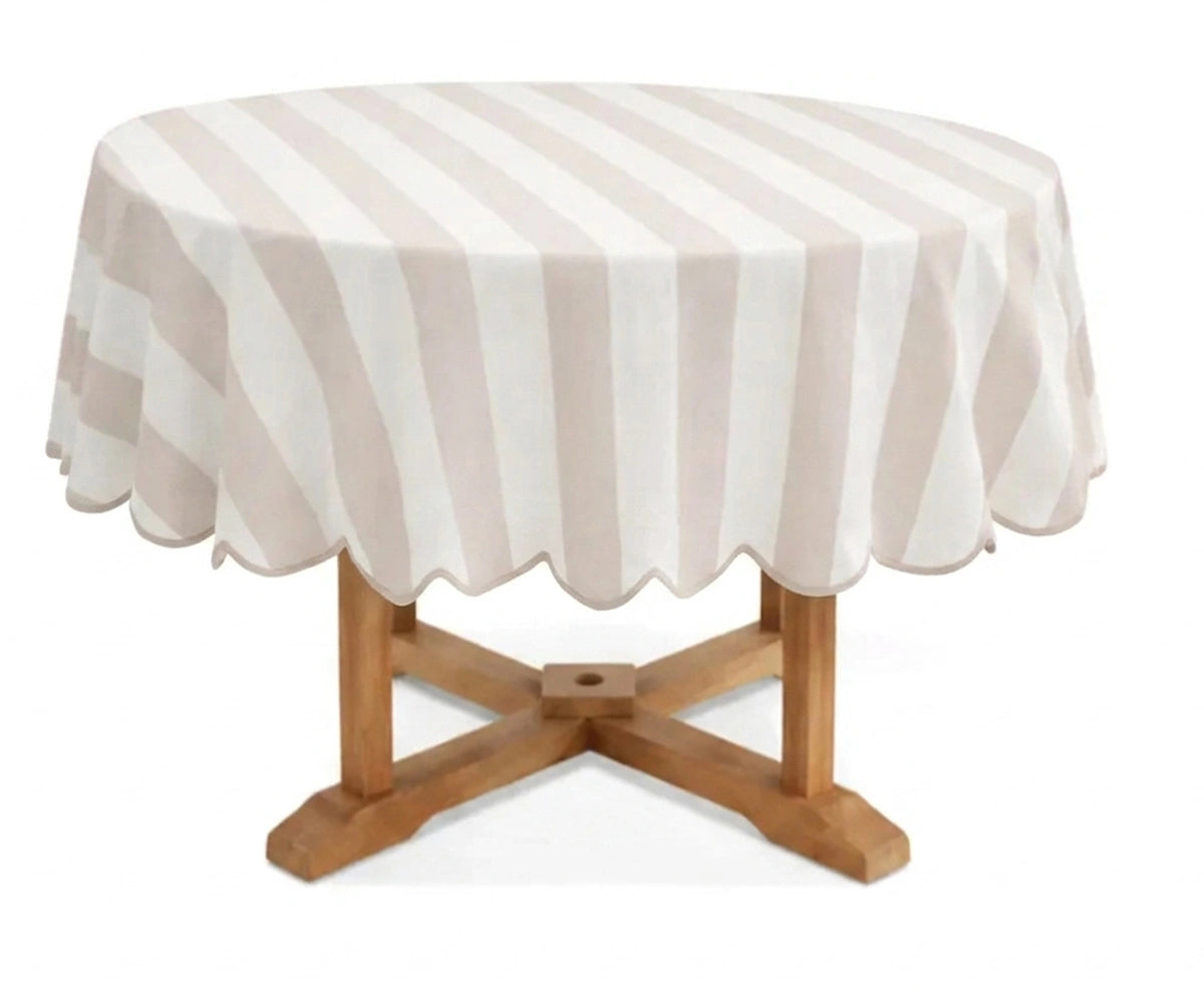 Blush and white cabana striped round tablecloth with scalloped edge, cotton linen blend tablecloth for dining table, farmhouse décor, brunch gatherings, wedding receptions, and everyday entertaining Blush and white cabana striped round tablecloth with scalloped edge, cotton linen blend tablecloth for dining table, farmhouse décor, brunch gatherings, wedding receptions, and everyday entertaining