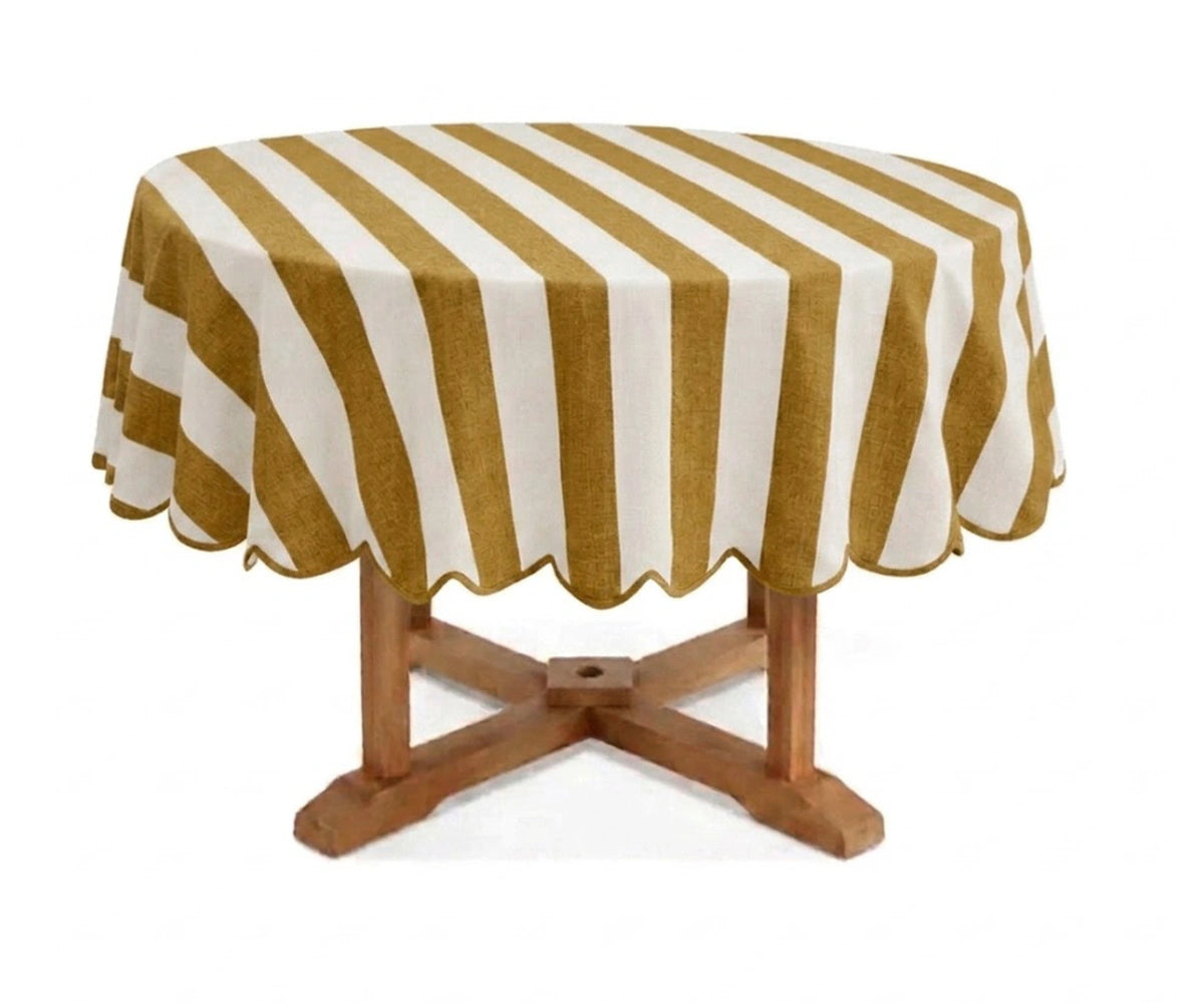 Mustard yellow and white cabana striped round tablecloth with scalloped edge, cotton linen tablecloth for boho dining rooms, fall tablescapes, holiday entertaining, and everyday meals Mustard yellow and white cabana striped round tablecloth with scalloped edge, cotton linen tablecloth for boho dining rooms, fall tablescapes, holiday entertaining, and everyday meals
