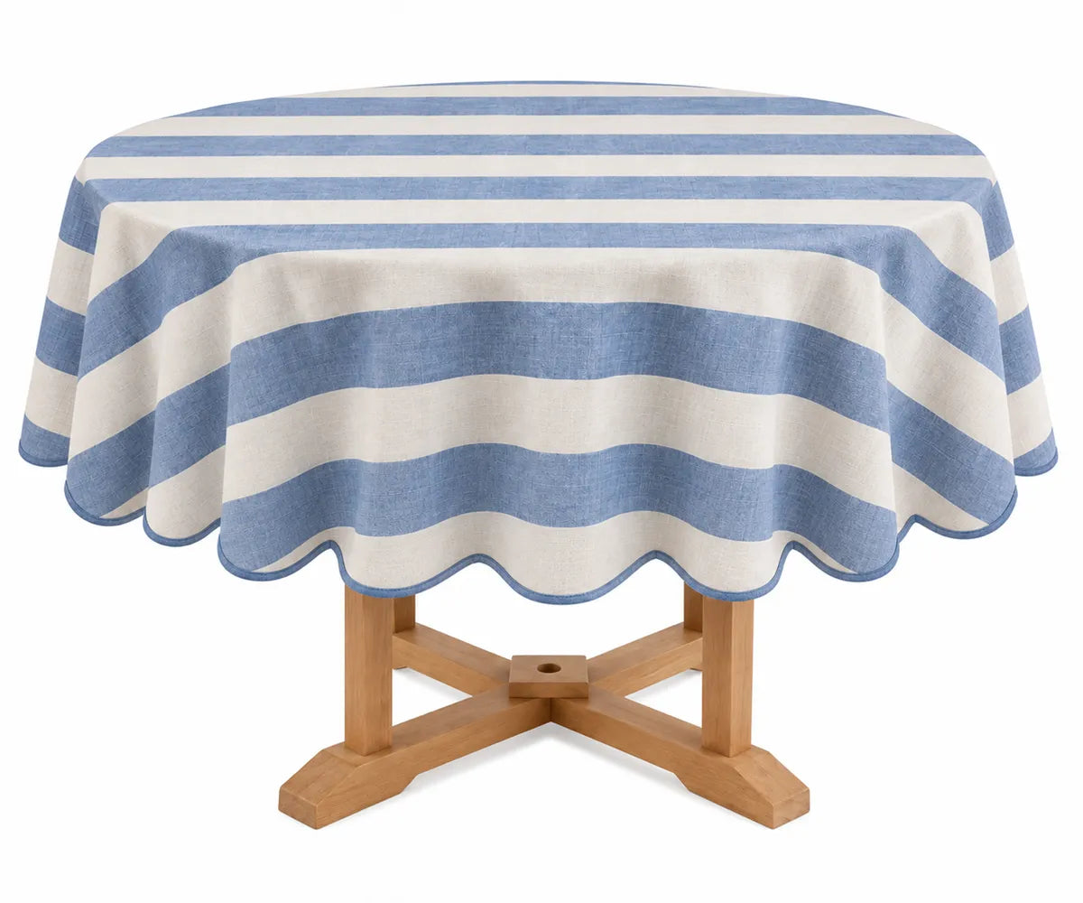 Cabana style striped round tablecloth in cotton linen blend for dining, entertaining, and special occasions Cabana style striped round tablecloth in cotton linen blend for dining, entertaining, and special occasions