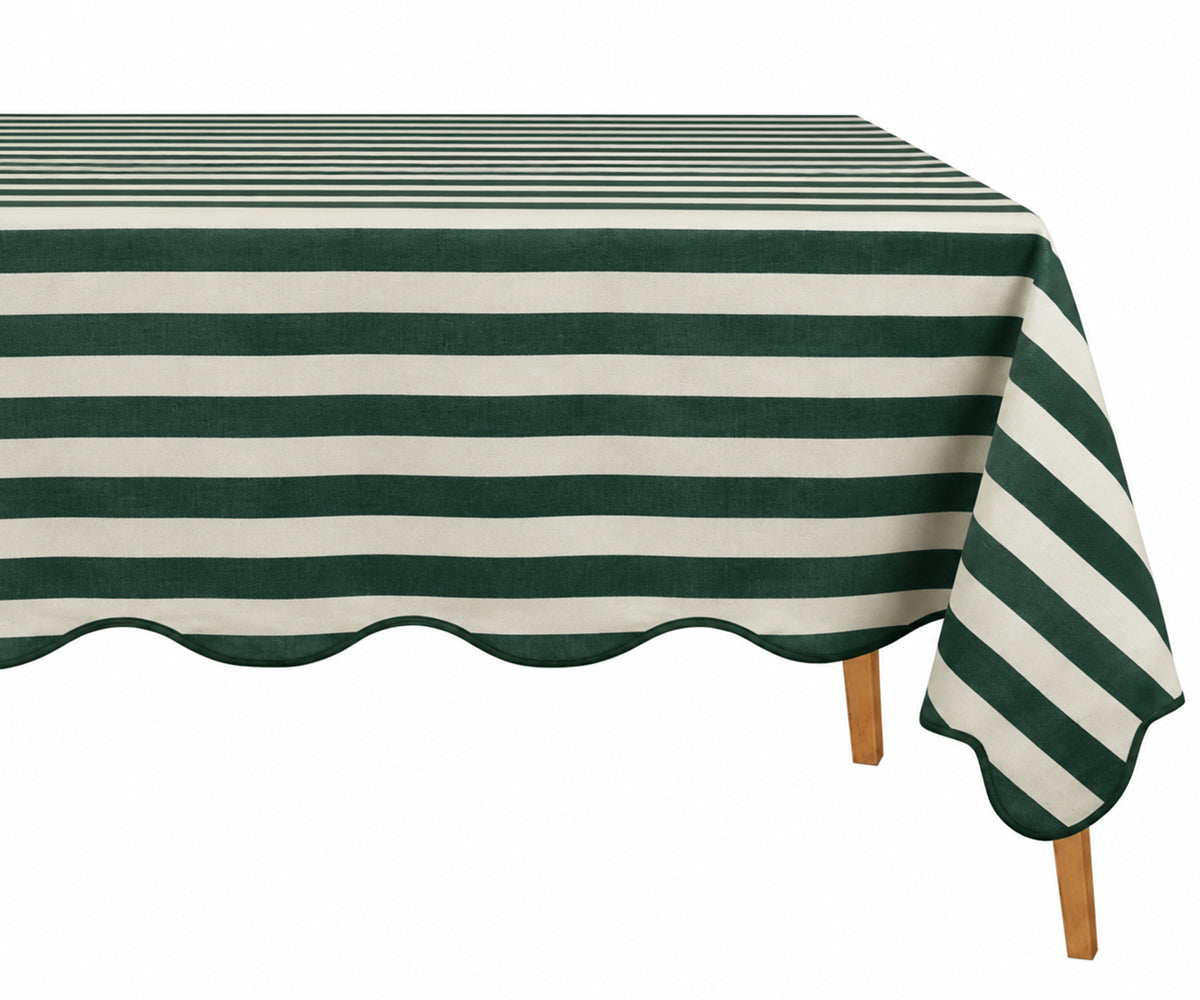 Dark green striped cotton tablecloth featuring a decorative scalloped border for elegant table settings Dark green striped cotton tablecloth featuring a decorative scalloped border for elegant table settings