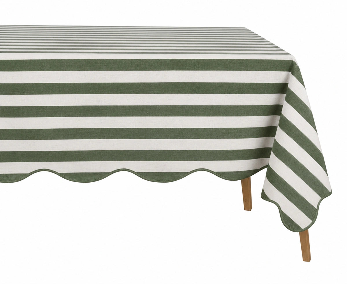 Forest green striped cotton tablecloth with an elegant scalloped edge, adding rich color and refined detail to dining table settings. Forest green striped cotton tablecloth with an elegant scalloped edge, adding rich color and refined detail to dining table settings.