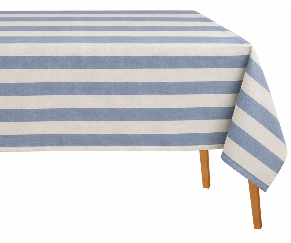 dusty blue striped tablecloth for dining table, blue and white striped table linen for coastal décor, brunch, family meals, and casual dining. dusty blue striped tablecloth for dining table, blue and white striped table linen for coastal décor, brunch, family meals, and casual dining.