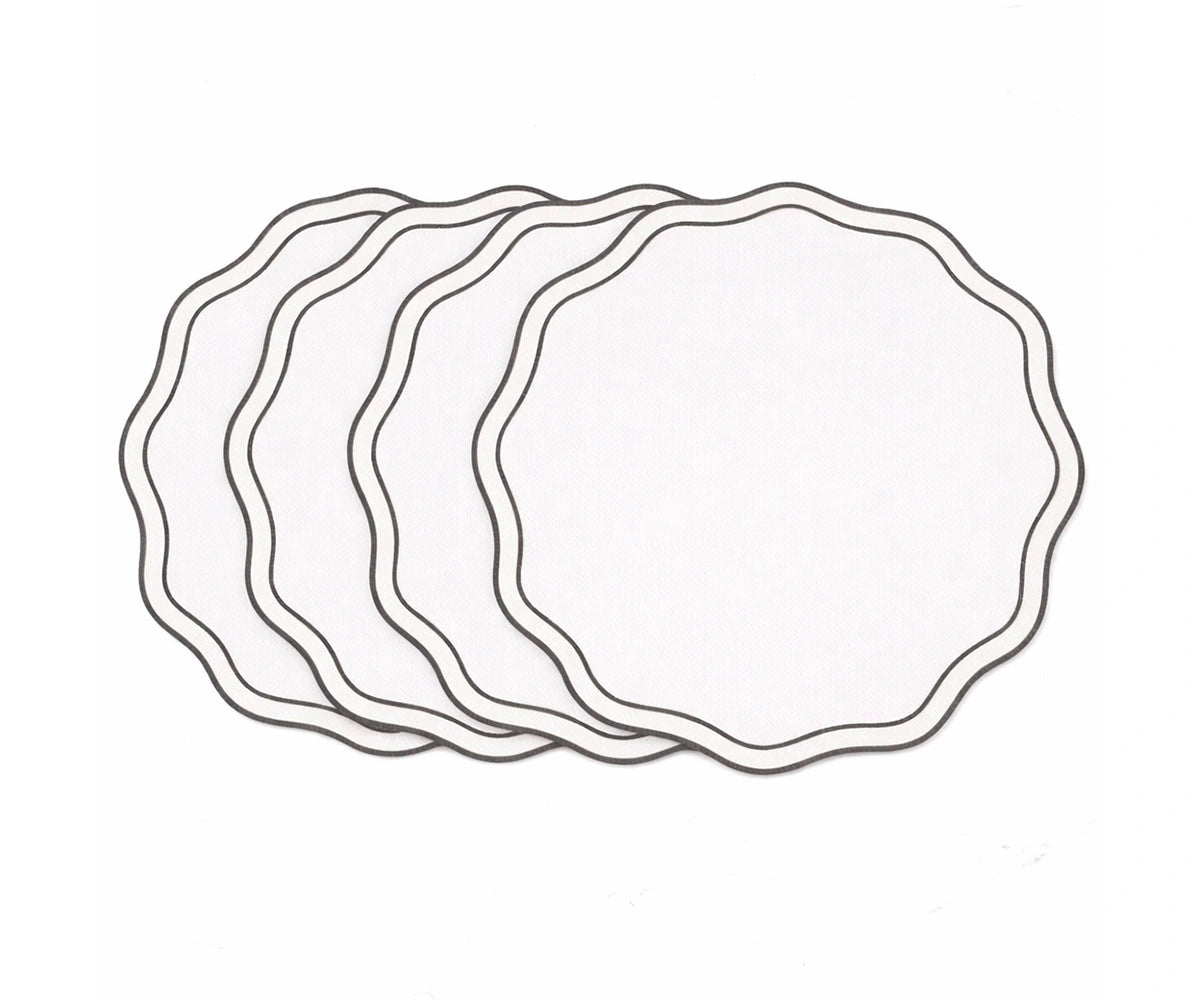 Charcoal embroidered round placemats styled on modern and farmhouse dining table, cotton placemats with scalloped edges for elegant décor Charcoal embroidered round placemats styled on modern and farmhouse dining table, cotton placemats with scalloped edges for elegant décor