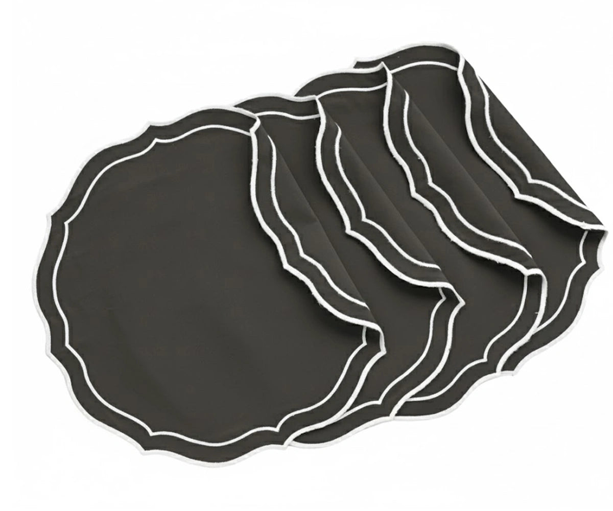 Charcoal grey round cotton placemats set of 4 with refined scalloped edges and woven embroidery, offering a modern, elegant accent for contemporary, formal, and everyday dining tables. Charcoal grey round cotton placemats set of 4 with refined scalloped edges and woven embroidery, offering a modern, elegant accent for contemporary, formal, and everyday dining tables.
