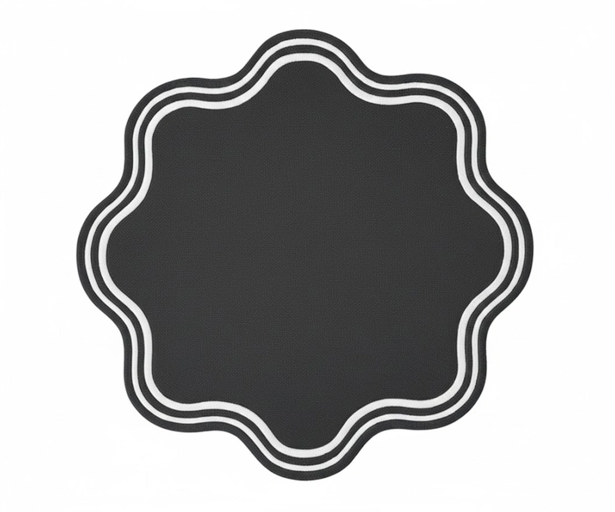 Charcoal round scalloped placemat – dark elegant table mat for contemporary and modern dining décor. Charcoal round scalloped placemat – dark elegant table mat for contemporary and modern dining décor.