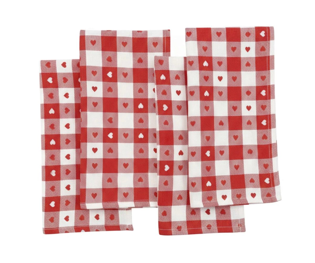 Red and white heart print cotton napkins arranged flat, Valentine’s table napkins Red and white heart print cotton napkins arranged flat, Valentine’s table napkins