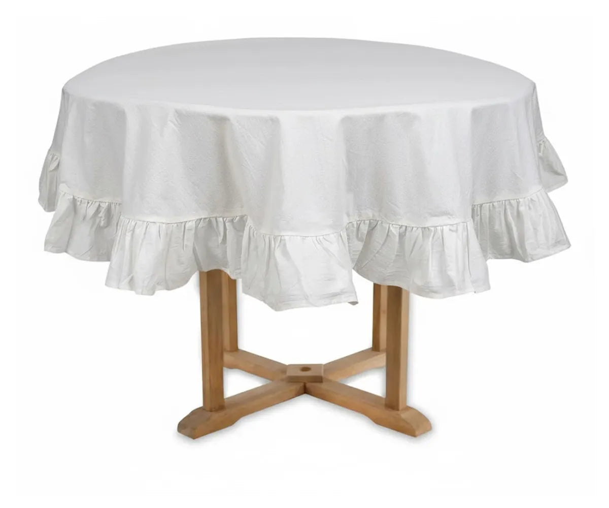 White ruffled round cotton tablecloth for wedding reception table with elegant romantic drape White ruffled round cotton tablecloth for wedding reception table with elegant romantic drape