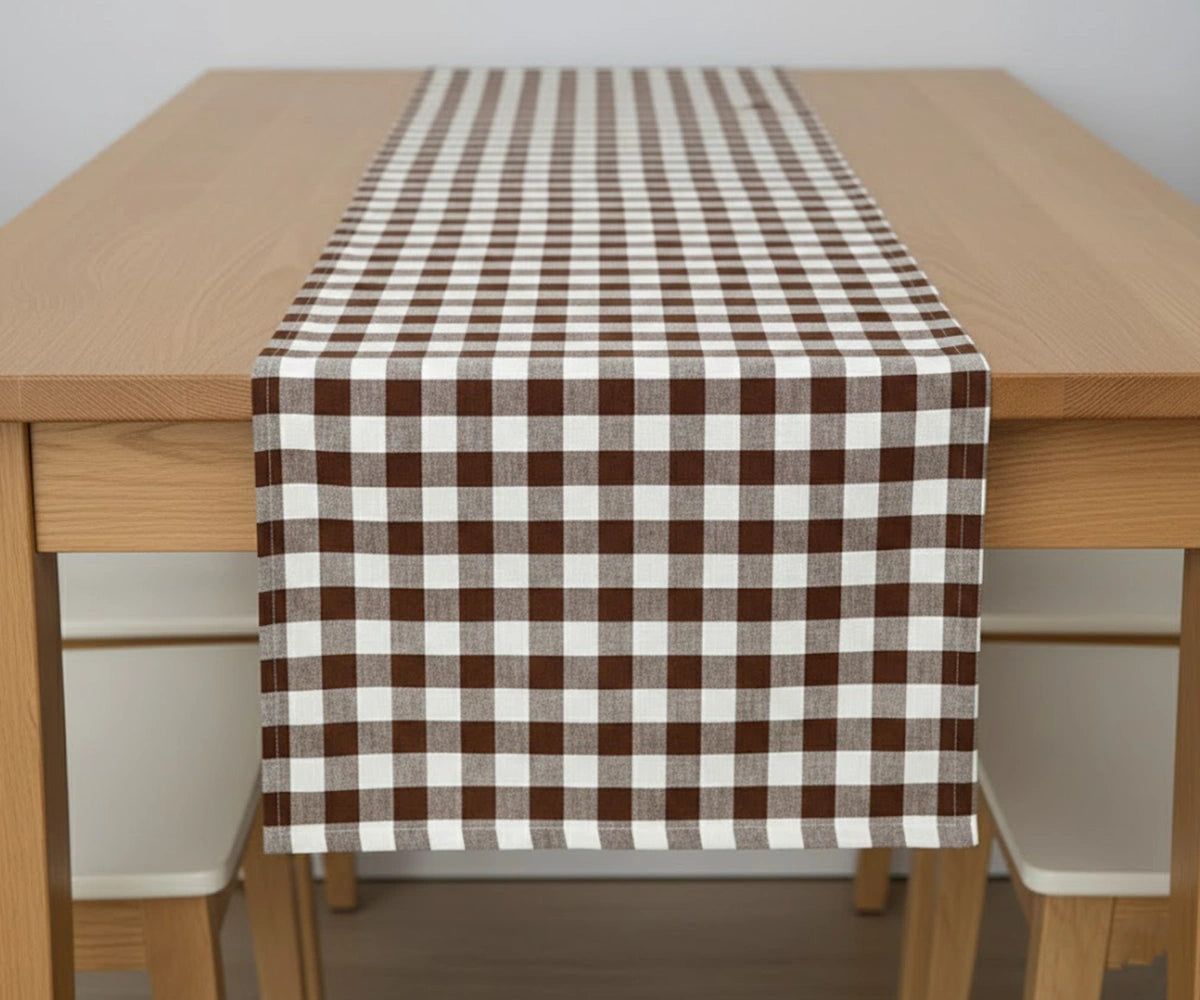 Buffalo checked table runner fabric in Coffee and white plaid pattern Buffalo checked table runner fabric in Coffee and white plaid pattern