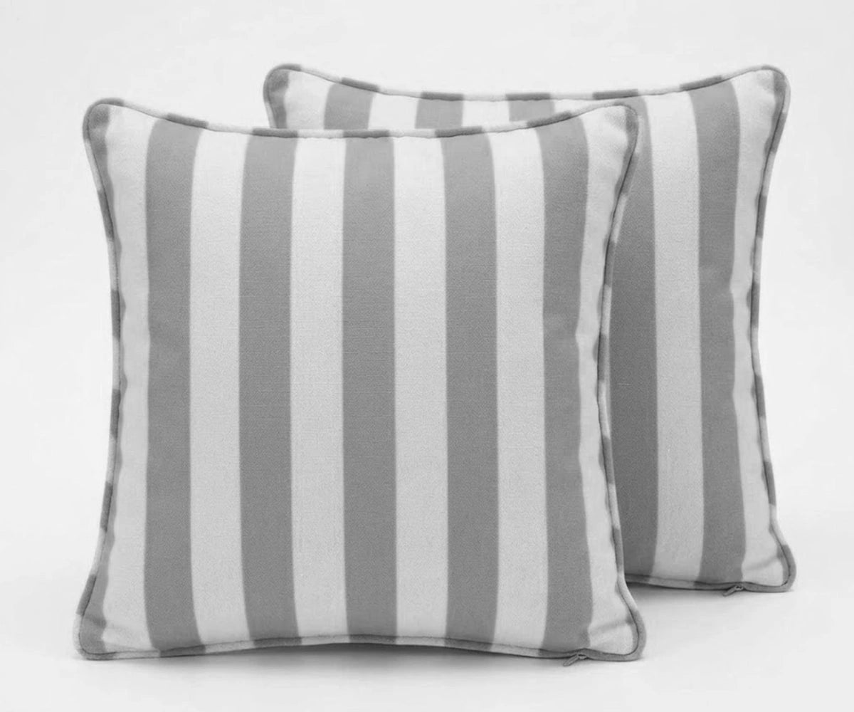 et of 2 grey and white cabana stripe cotton cushion covers with vertical stripes on a neutral background et of 2 grey and white cabana stripe cotton cushion covers with vertical stripes on a neutral background